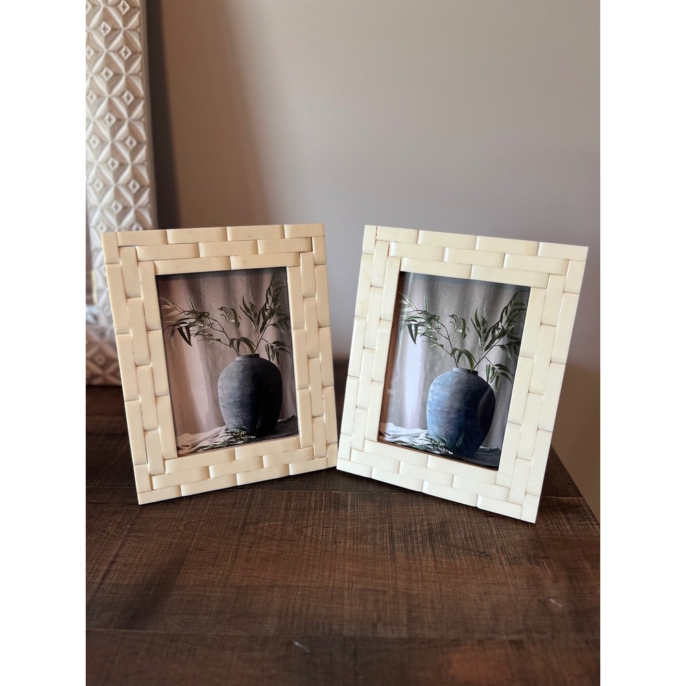 Set of 2 Bone and Resin 5x7‎ Picture Frames Cream Basketweave Handmade India